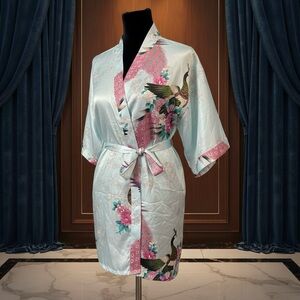 Oriental Satin Kimono Robe Blue Pink Peacock Floral Print Boho Coquette Asian